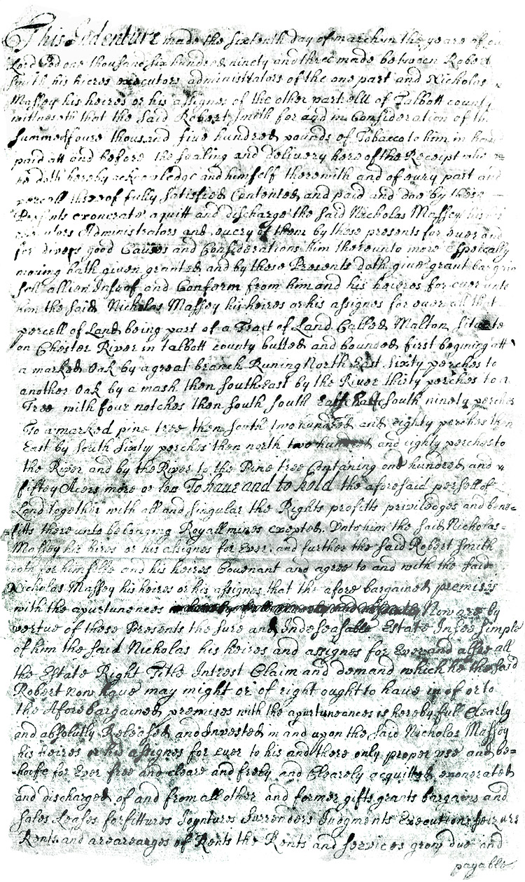 Maryland Land Records, Talbot County, Robert Smith to Nicholas Massey, March 16, 1693