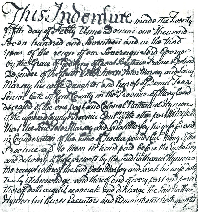Maryland Land Records, Kent County, Peter Massey to Col. Nathaniel Hynson, February 25, 1717