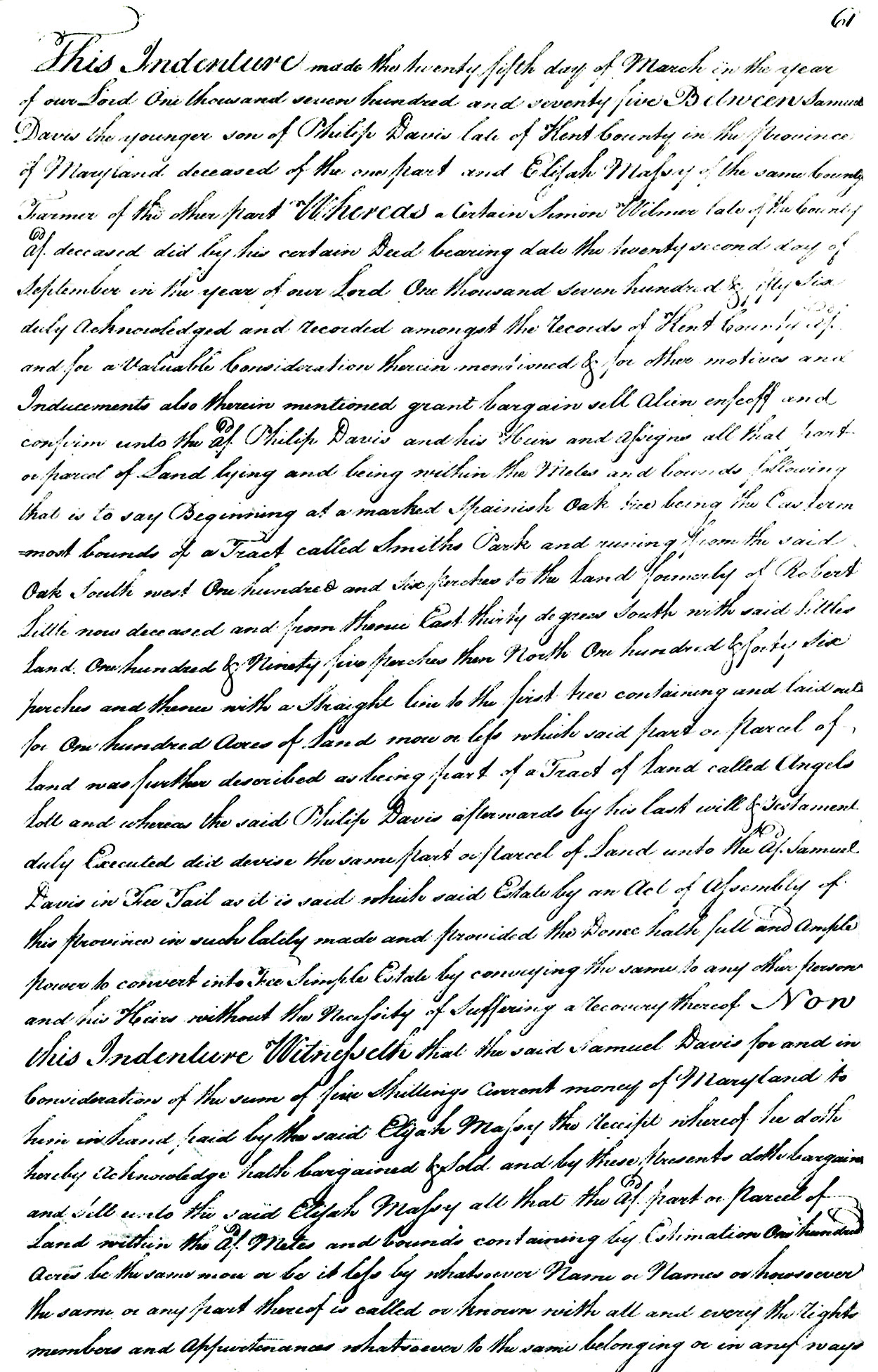 Maryland Land Records, Kent County, Samuel Davis to Elijah Massey, June 9, 1775