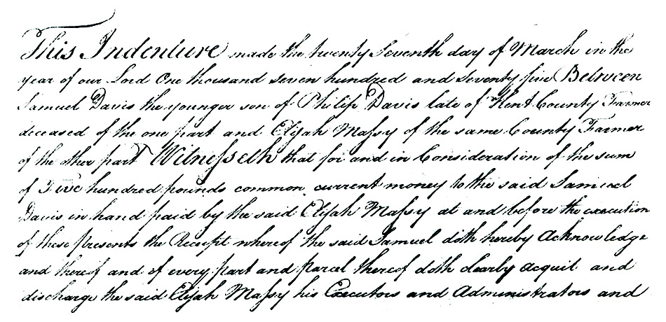 Maryland Land Records, Kent County, Samuel Davis to Elijah Massey, June 9, 1775