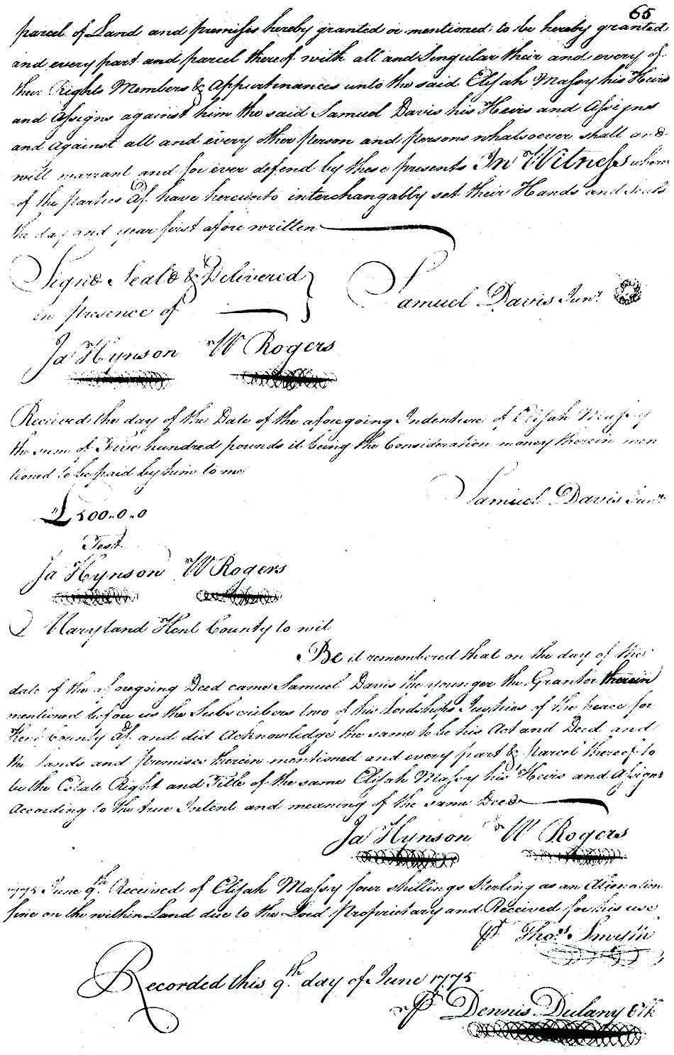 Maryland Land Records, Kent County, Samuel Davis to Elijah Massey, June 9, 1775