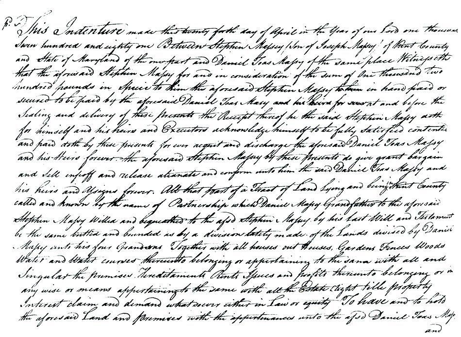Maryland Land Records, Kent County, Stephen Massey to Daniel Toas Massey, October 4, 1781