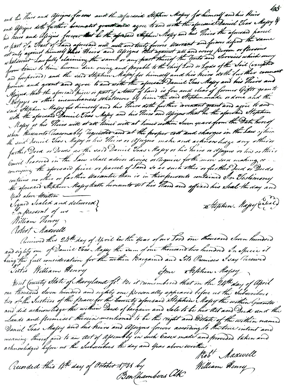 Maryland Land Records, Kent County, Stephen Massey to Daniel Toas Massey, October 4, 1781