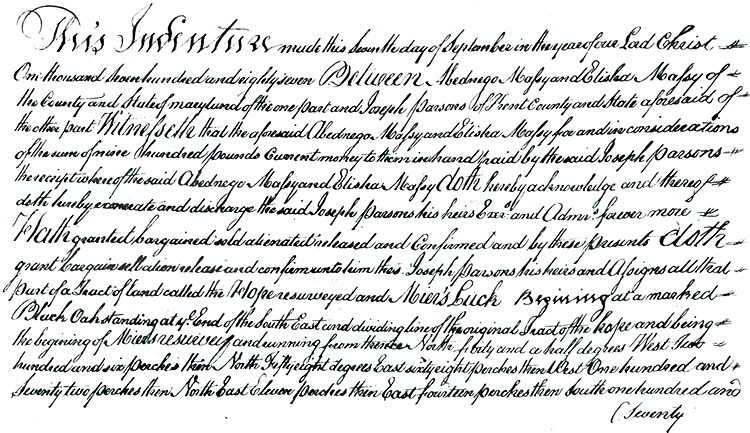 Maryland Land Records, Kent County, Abednago Massey to Elisha Massey & Joseph Parsons, September 27, 1787