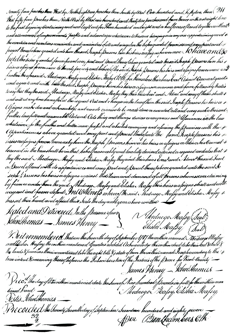 Maryland Land Records, Kent County, Abednago Massey to Elisha Massey & Joseph Parsons, September 27, 1787