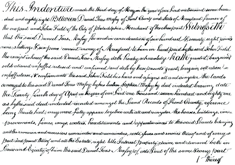 Maryland Land Records, Kent County, Daniel Toas Massey to John Field, May 3, 1788