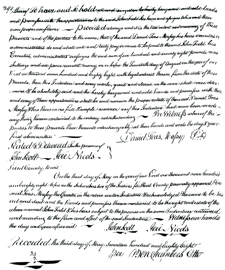 Maryland Land Records, Kent County, Daniel Toas Massey to John Field, May 3, 1788