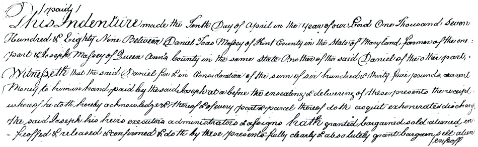 Maryland Land Records, Kent County, Daniel Toas Massey to Joseph Massy, September 4, 1789