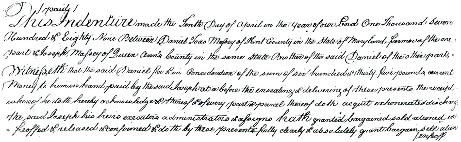 Maryland Land Records, Kent County, Daniel Toas Massey to Joseph Massy, September 4, 1789