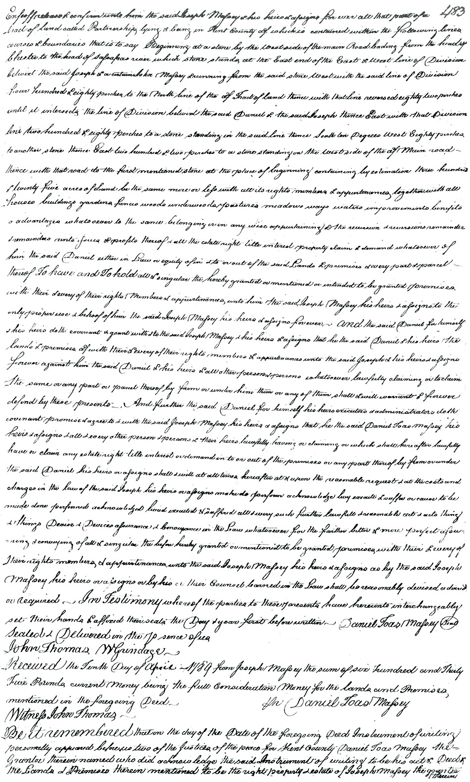 Maryland Land Records, Kent County, Daniel Toas Massey to Joseph Massy, September 4, 1789