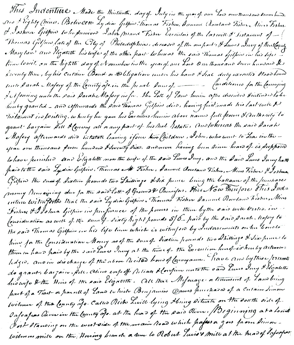 Maryland Land Records, Kent County, Lydia Gilpin, et al. to Lewis Massey & Elizabeth Massy Inry, January 4, 1790