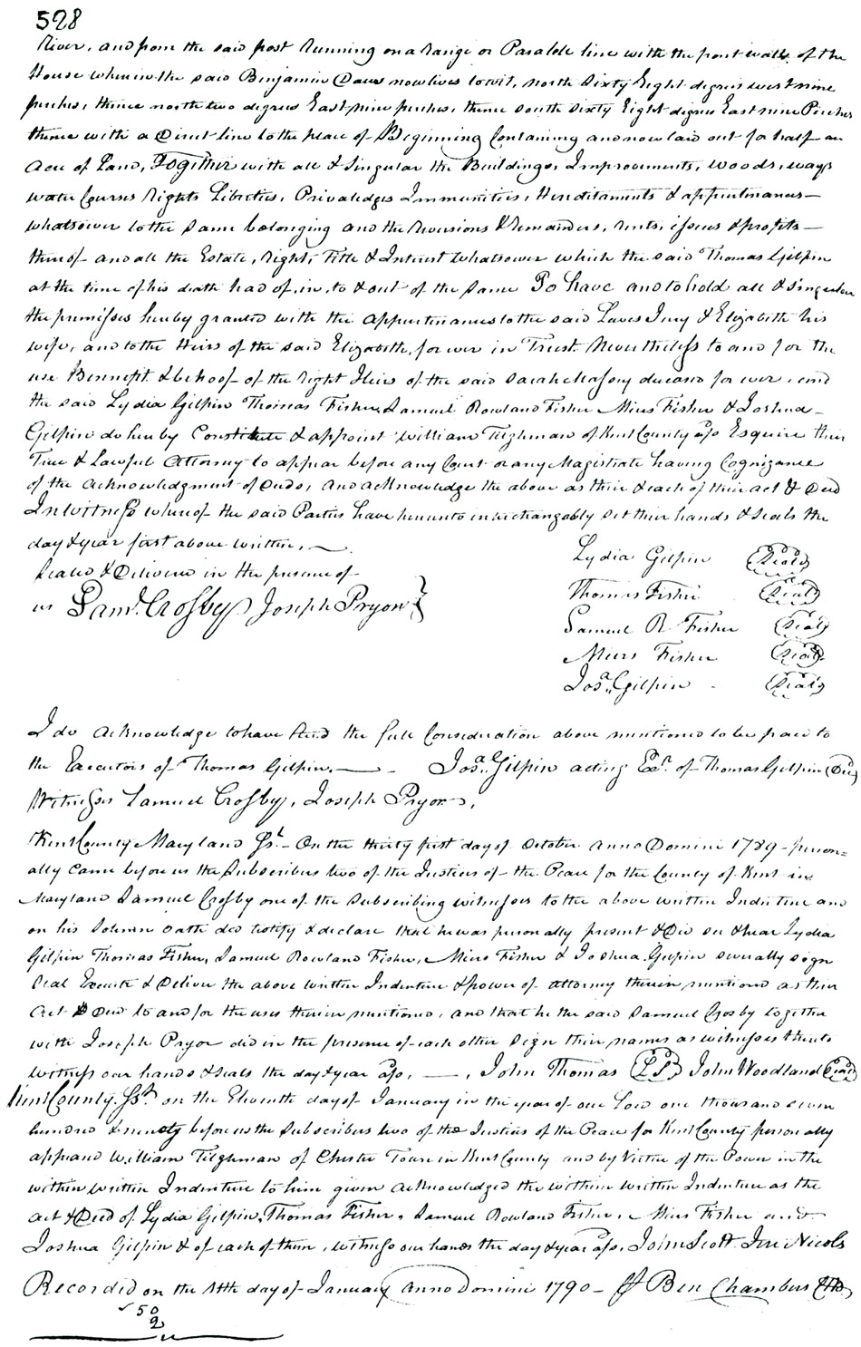 Maryland Land Records, Kent County, Lydia Gilpin, et al. to Lewis Massey & Elizabeth Massy Inry, January 4, 1790