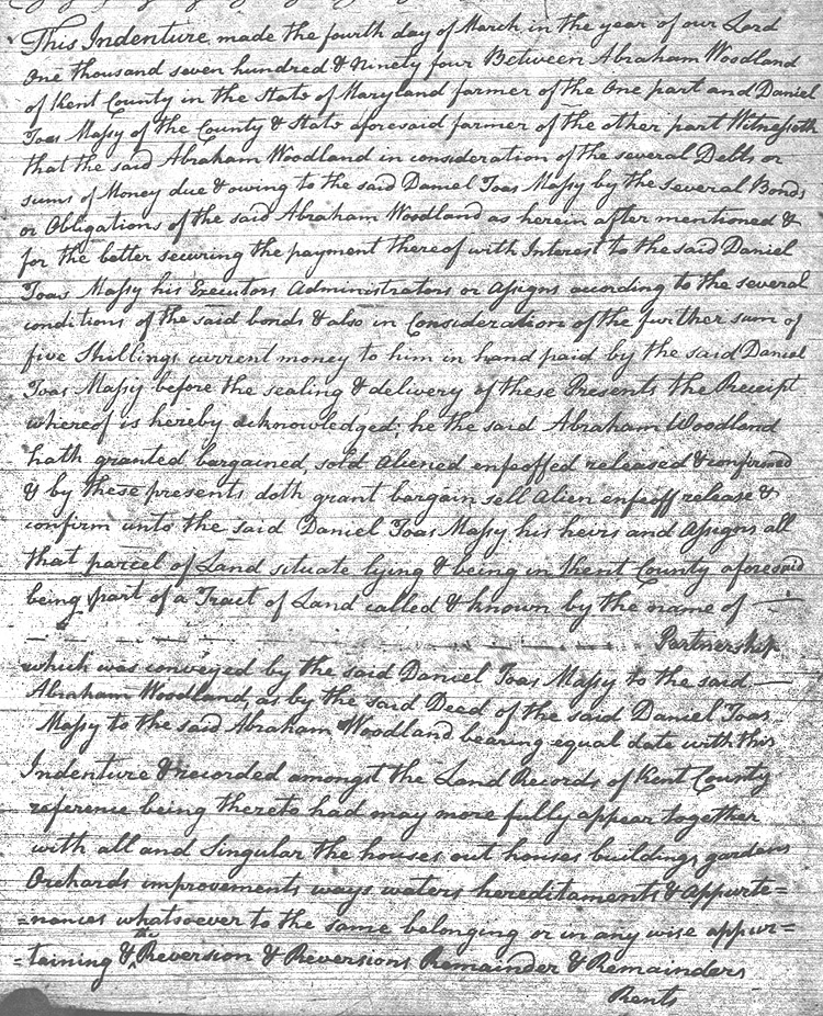 Maryland Land Records, Kent County, Abraham Woodlawn to Daniel T. Massey, July 5, 1794