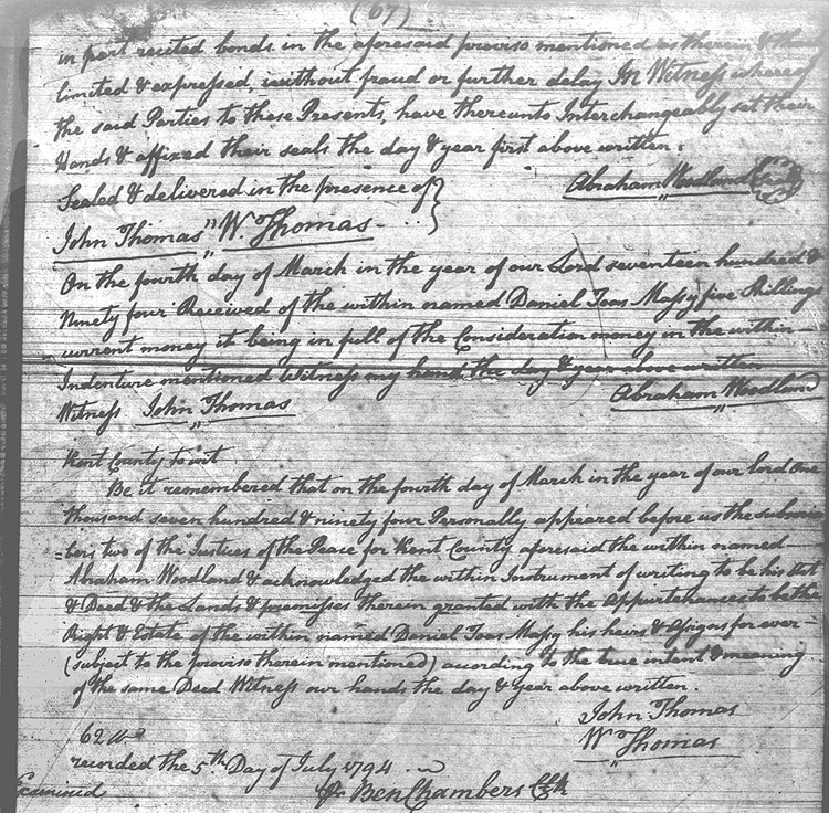 Maryland Land Records, Kent County, Abraham Woodlawn to Daniel T. Massey, July 5, 1794