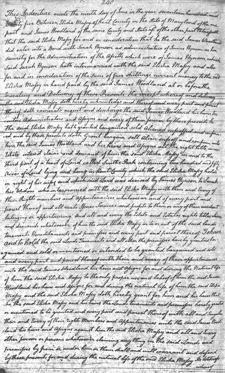 Maryland Land Records, Kent County, Elisha Massy to James Woodland, June 9, 1795