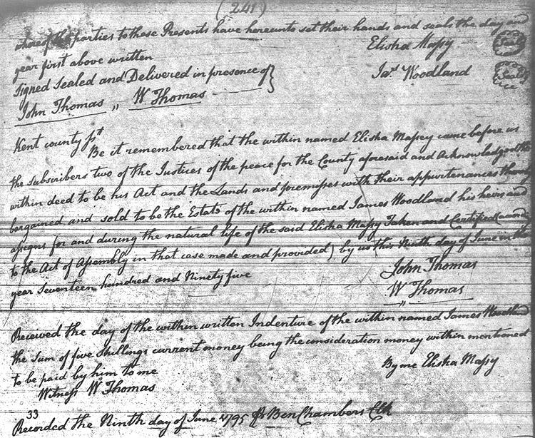 Maryland Land Records, Kent County, Elisha Massy to James Woodland, June 9, 1795