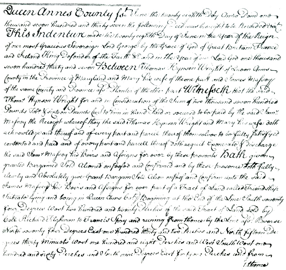 Queen Anne's County, Maryland: Thomas Hynson Wright to James Massey, June 28, 1737