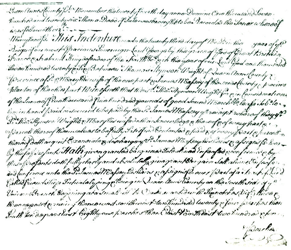Queen Anne's County, Maryland Land Records: Thomas Hynson Wright to James Massey, November 24, 1726