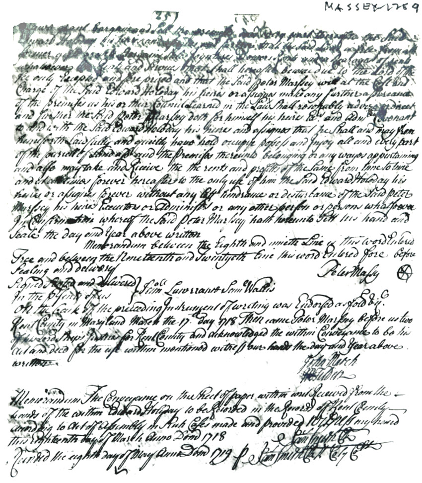 Maryland Land Records, Kent County: Peter Massey to Edward Holoday, 100 acres, part of Massey's Venture, March 17, 1718