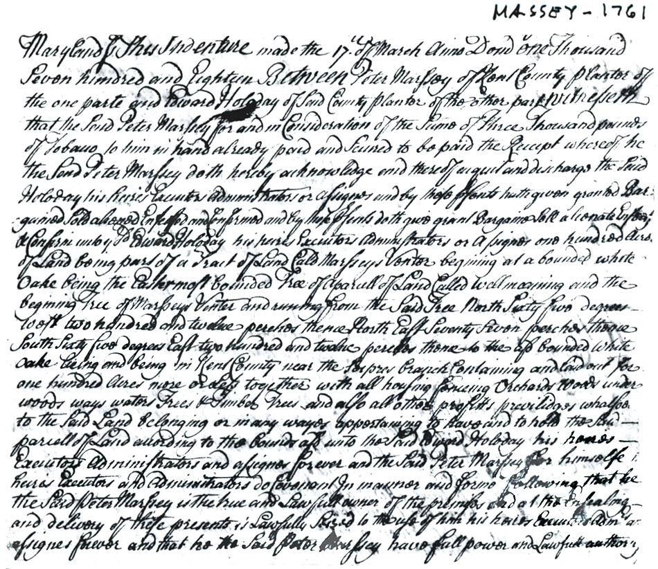 Maryland Land Records, Kent County: Peter Massey to Edward Holoday, 100 acres, part of Massey's Venture, March 17, 1718