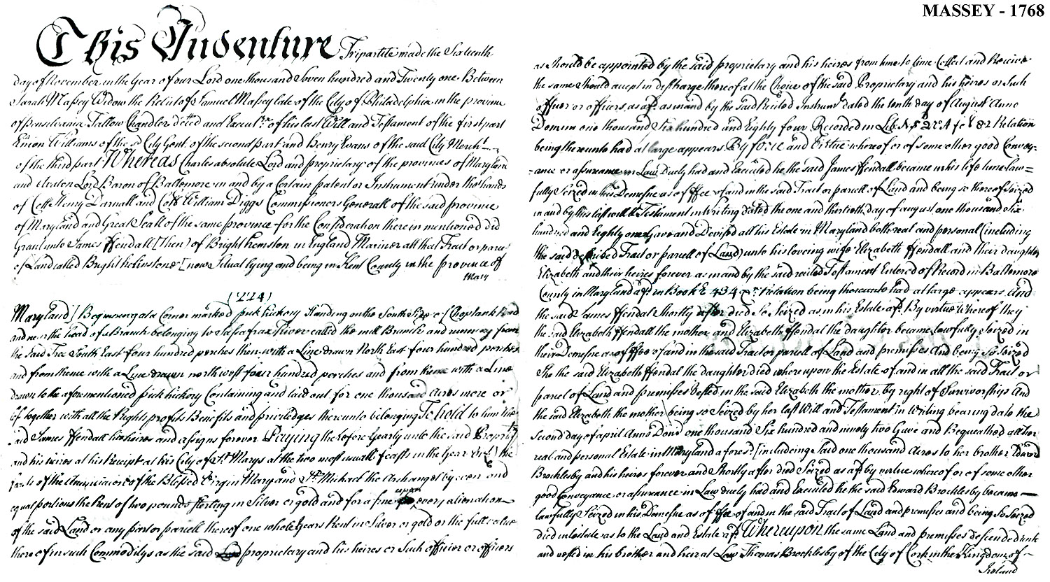 Maryland Land Records, Kent County, Sarah Massey, Simon Williams & Henry Evans, November 16, 1721