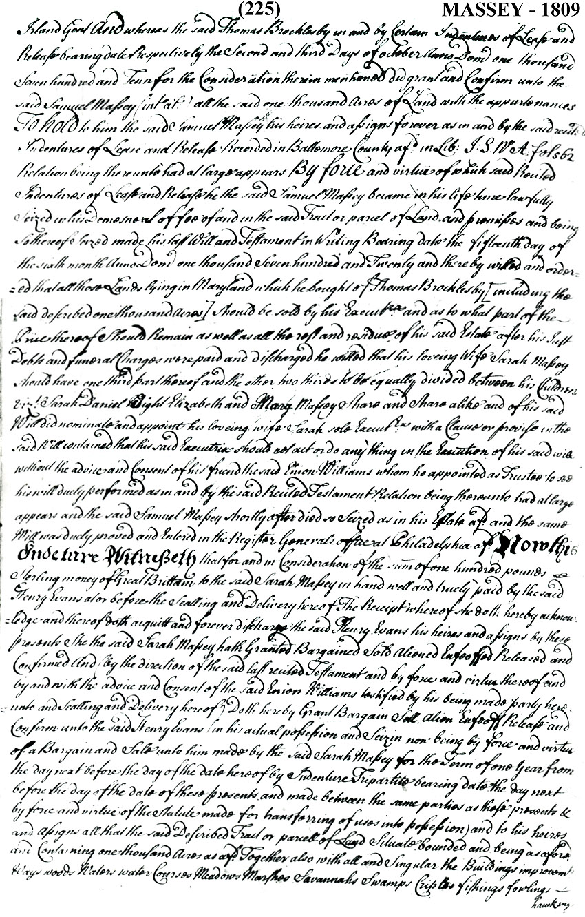 Maryland Land Records, Kent County, Sarah Massey, Simon Williams & Henry Evans, November 16, 1721