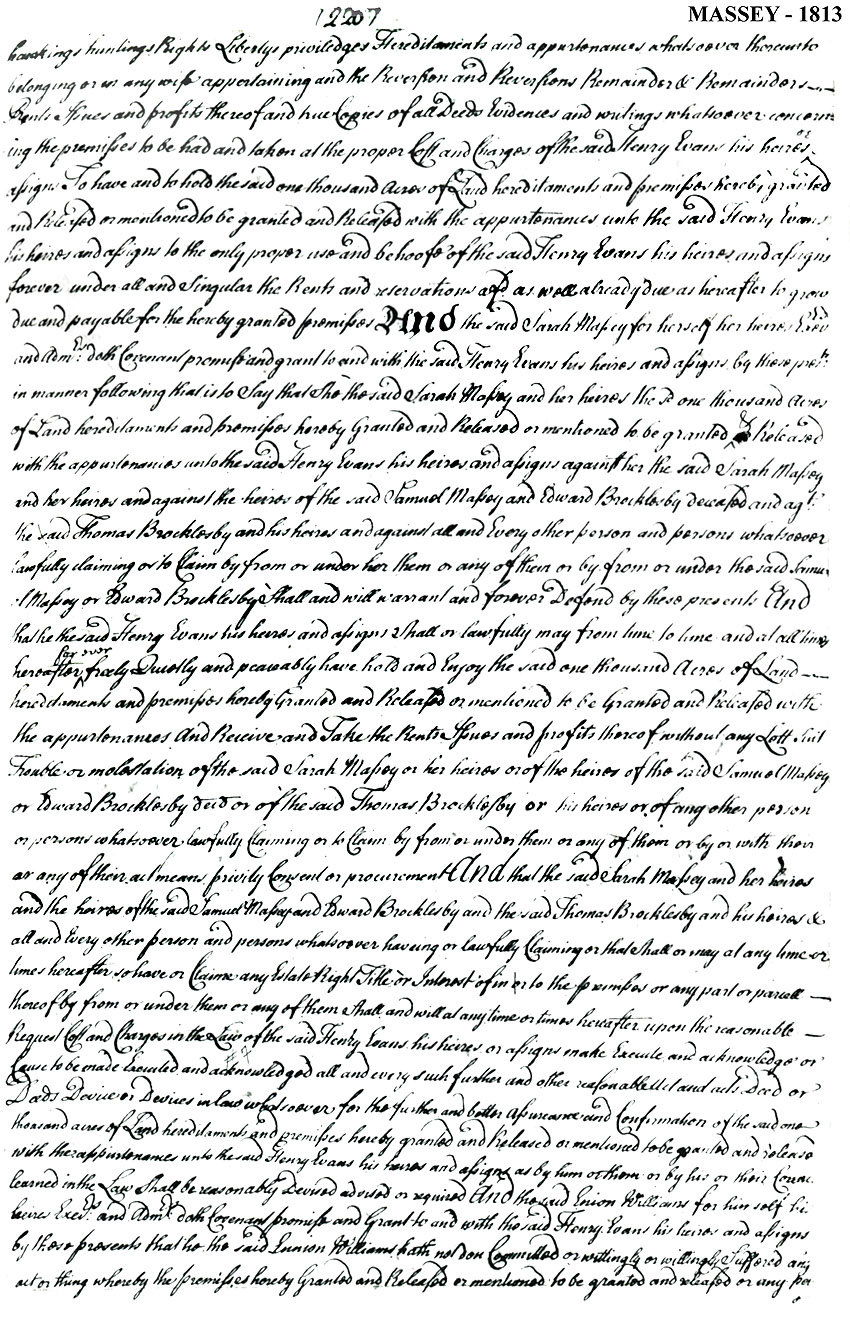 Maryland Land Records, Kent County, Sarah Massey, Simon Williams & Henry Evans, November 16, 1721