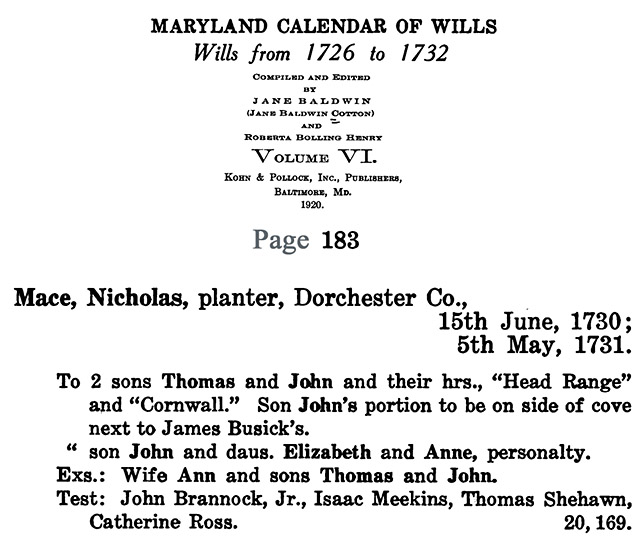 Nicholas Mace's Will in Dorchester County, Maryland
