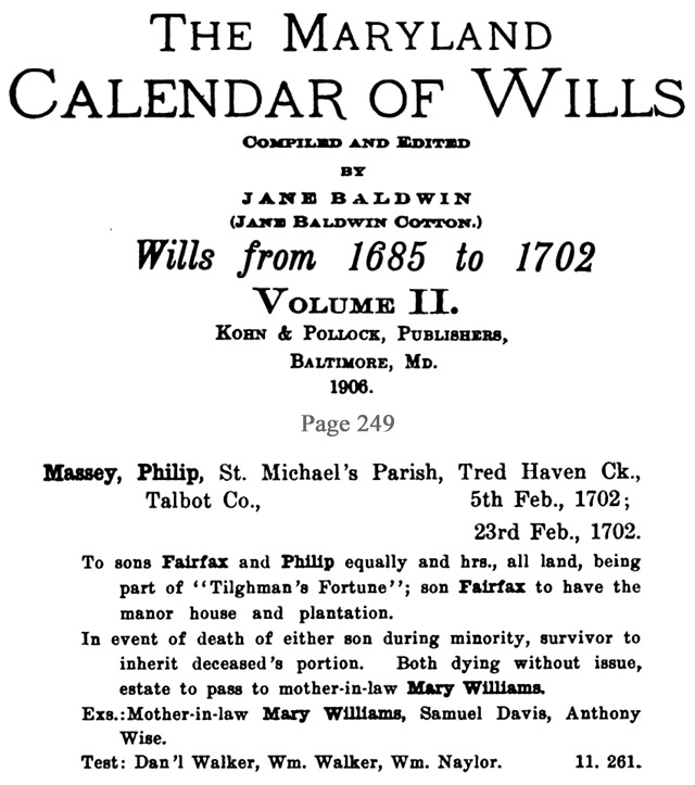 Maryland Calendar of Wills Philip Massey & Nicholas Mace