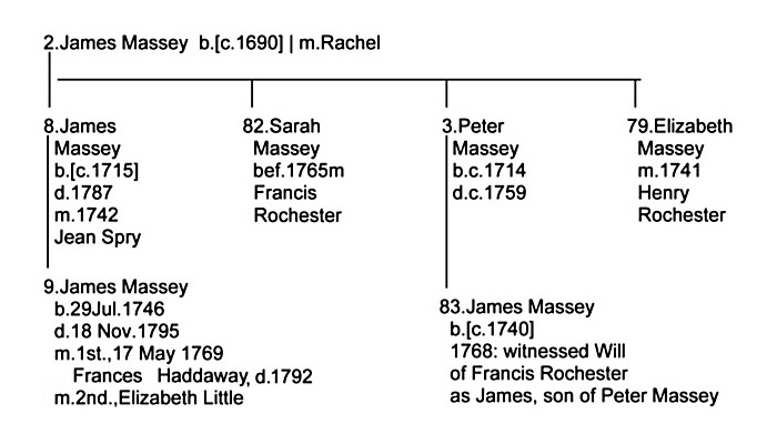83.James Massey, son of 3.Peter Massey - 2.James Massey; 8.James Massey; 82.Sarah Massey; 3.Peter Massey; 79.Elizabeth Massey; 9.James Massey; 83.James Massey; Jean Fry; Francis Rochester; Henry Rochester; Frances Haddaway; Elizabeth Little.