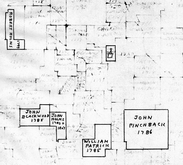 Locations of Holms, Pinchback, Blackwood & Patrick parcels in Davie County, North Carolina