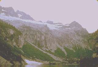Twilight view of Bonanza Peak across Holden Lake September 1968