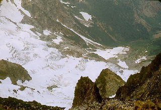 Looking down at Company Glacier from the summit of Bonanza Peak September 1968