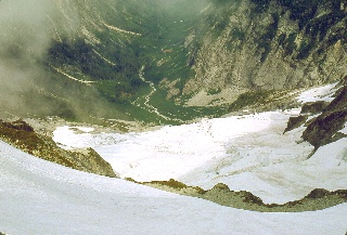 Looking down into the head of the glacial valley below Whatcom Peak September 1968